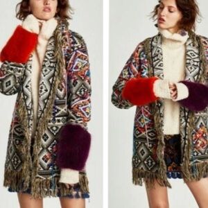 RARE ZARA KIMONO FRINGE TRIBAL AZTEC EMBROIDERY BLAZER COAT JACKET XL